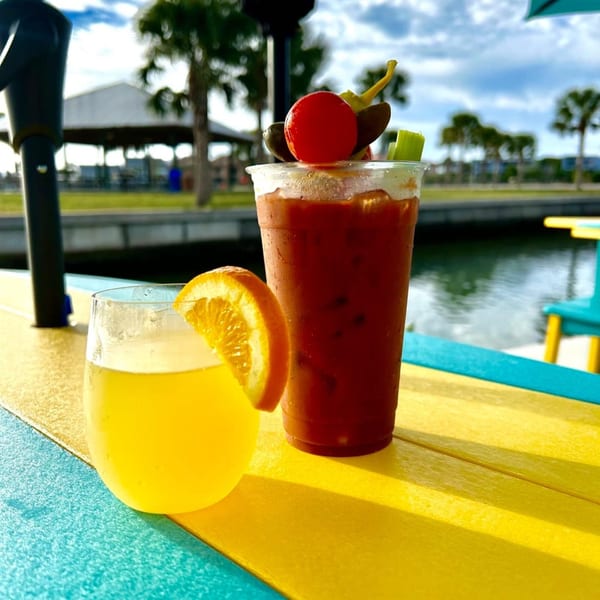 A mimosa and a Bloody Mary with garnishes on a colorful outdoor table by the water.